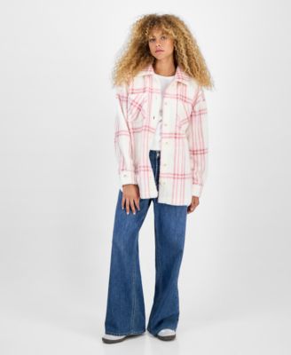 Juniors' Collared Long-Sleeve Plaid Shacket
