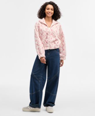 Juniors' Printed Zip-Up Sherpa Jacket