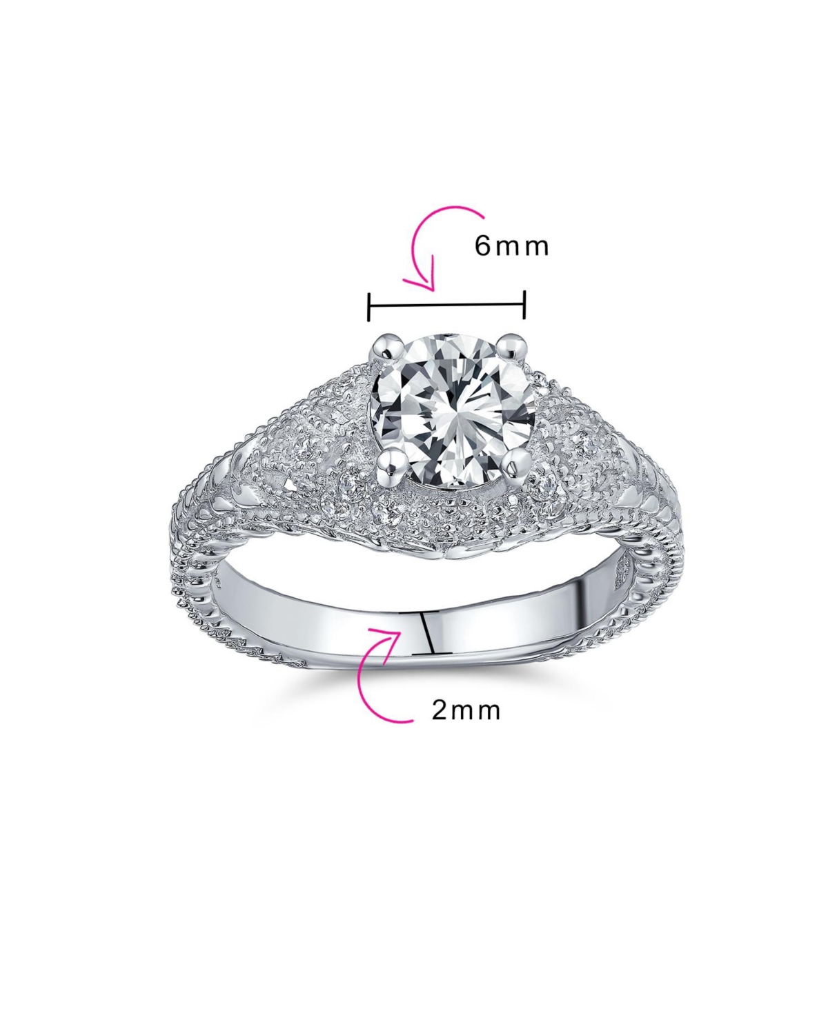 Bling Jewelry Art Deco Style 2CT Round Cubic Zirconia Solitaire Milgrain Setting Cz Pave Promise Ring Sterling Silver