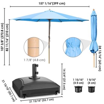 13ft XL Heavy Duty Solid Wood Outdoor Patio Umbrella with Base Parasol Wheels Stand for Bistro Market Table Garden Deck Yard Poolside Blue