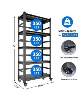 72"H Heavy Duty Storage Shelves Adjustable 5-Tier Metal Shelving Unit with Wheels