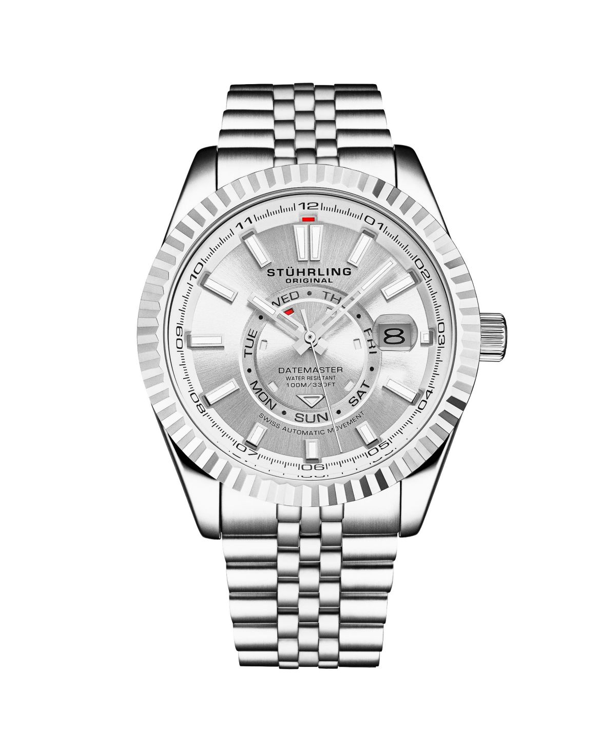 Мужские швейцарские часы Datemaster II с автоподзаводом из нержавеющей стали диаметром 42 мм, Серебристый циферблат, рифленый безель, День и дата, Водонепроницаемость 100 м