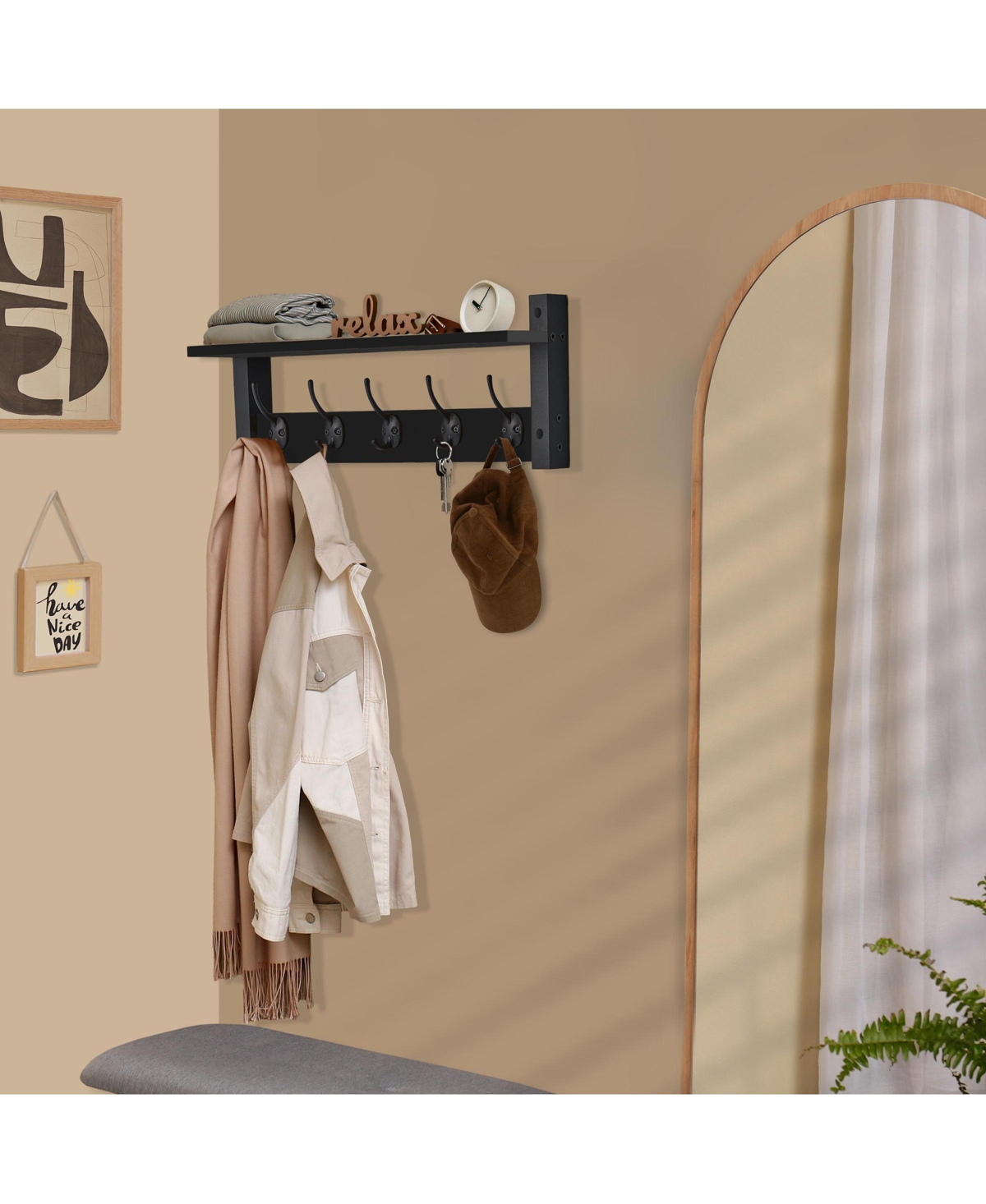 Sorbus Inch Floating Wall Shelf with 5 Heavy Duty Hooks – for Entryway, Bathroom, Bedroom, Kitchen