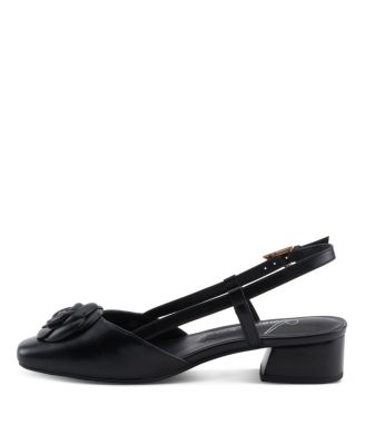 Women's Angelicish Leather Slingback Dress Shoes with Flower Applique, Cutout Sides, and Low Block Heel – Buckle Closure,Office-to-Evening Style