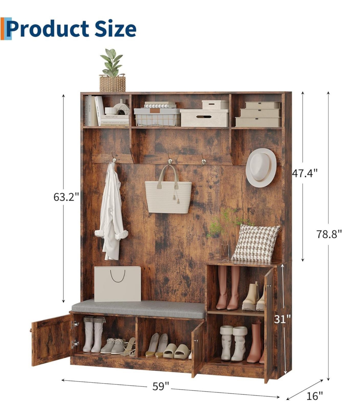 gaomon Hall Tree with Shoe Storage, 78.8" Entryway Bench with Coat Rack, with 4 Shoe Cabinet, 4 Coat Hooks, 3 Top Open Shelves, 5-in-1 Freestandi