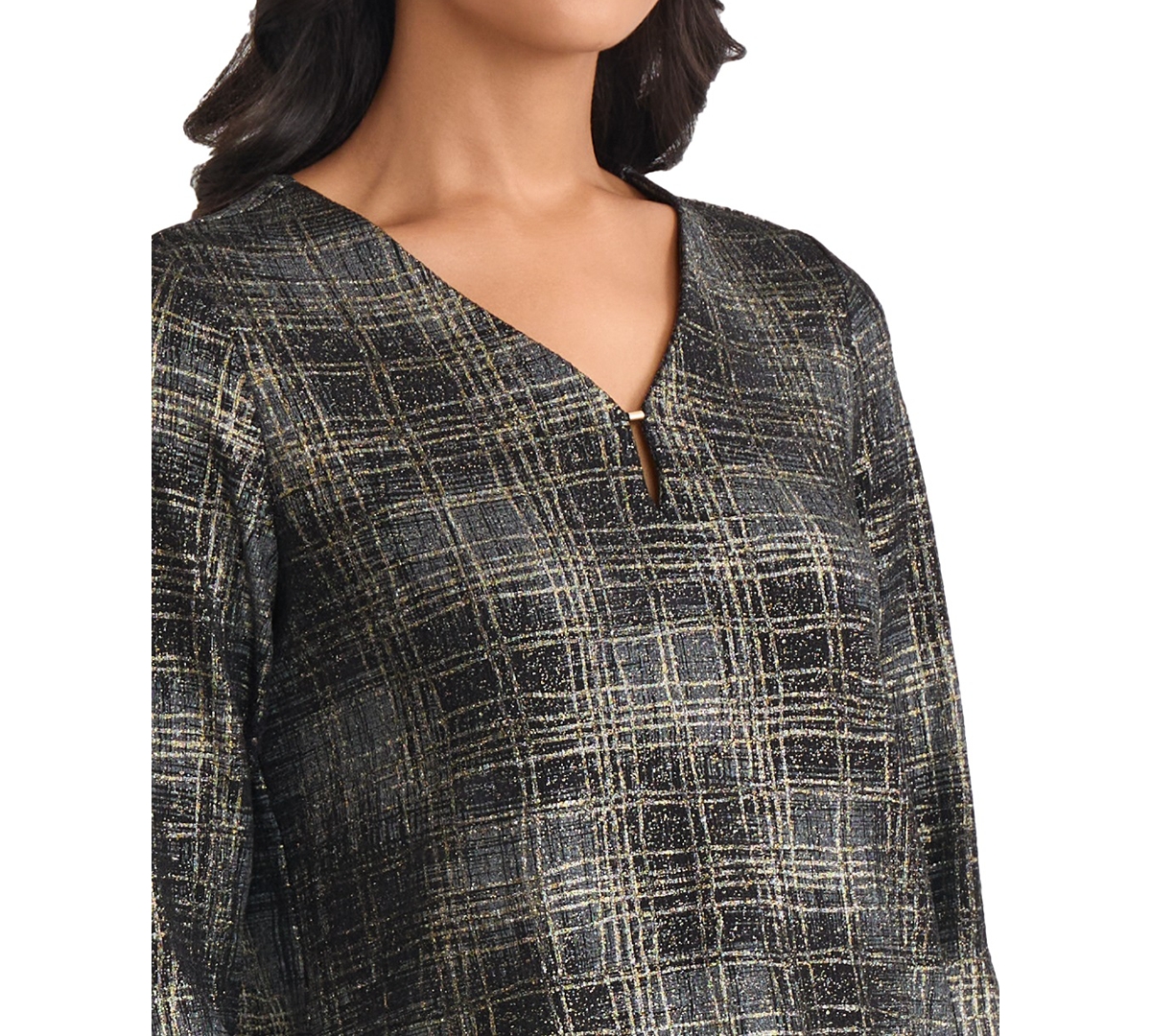Jones New York Petite Two Tone Keyhole V-neck Top In Black