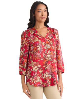 Petite Printed Satin Twill V-Neck Top