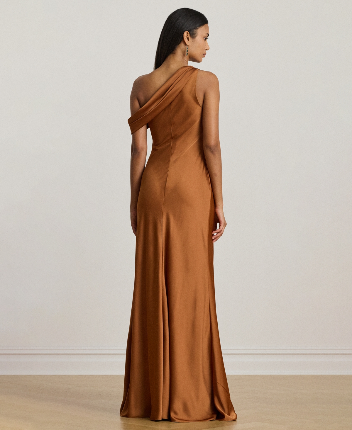 Ralph Lauren Buckle-trim Satin Off-the-shoulder Gown In Brown