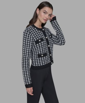 Women's Houndstooth Long Sleeve Cardigan with Embellished Button Detail