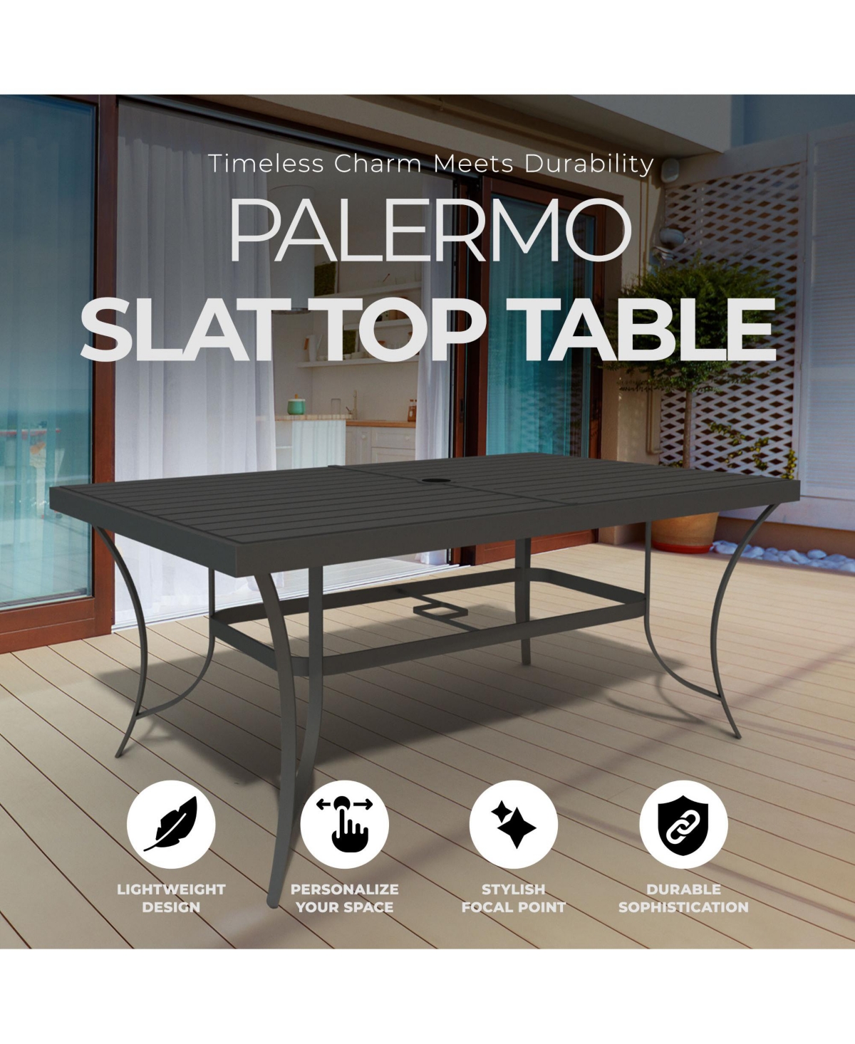 Four Seasons Courtyard Palermo Slat Top Table with Frame and Umbrella Hole, Gray