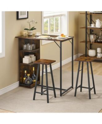 3 Piece Small Bar Table and Chairs Set, Kitchen Table for 2 with 3 Storage Shelves, Dining Table with Stools for Small Apartment, Dining Room, Retro