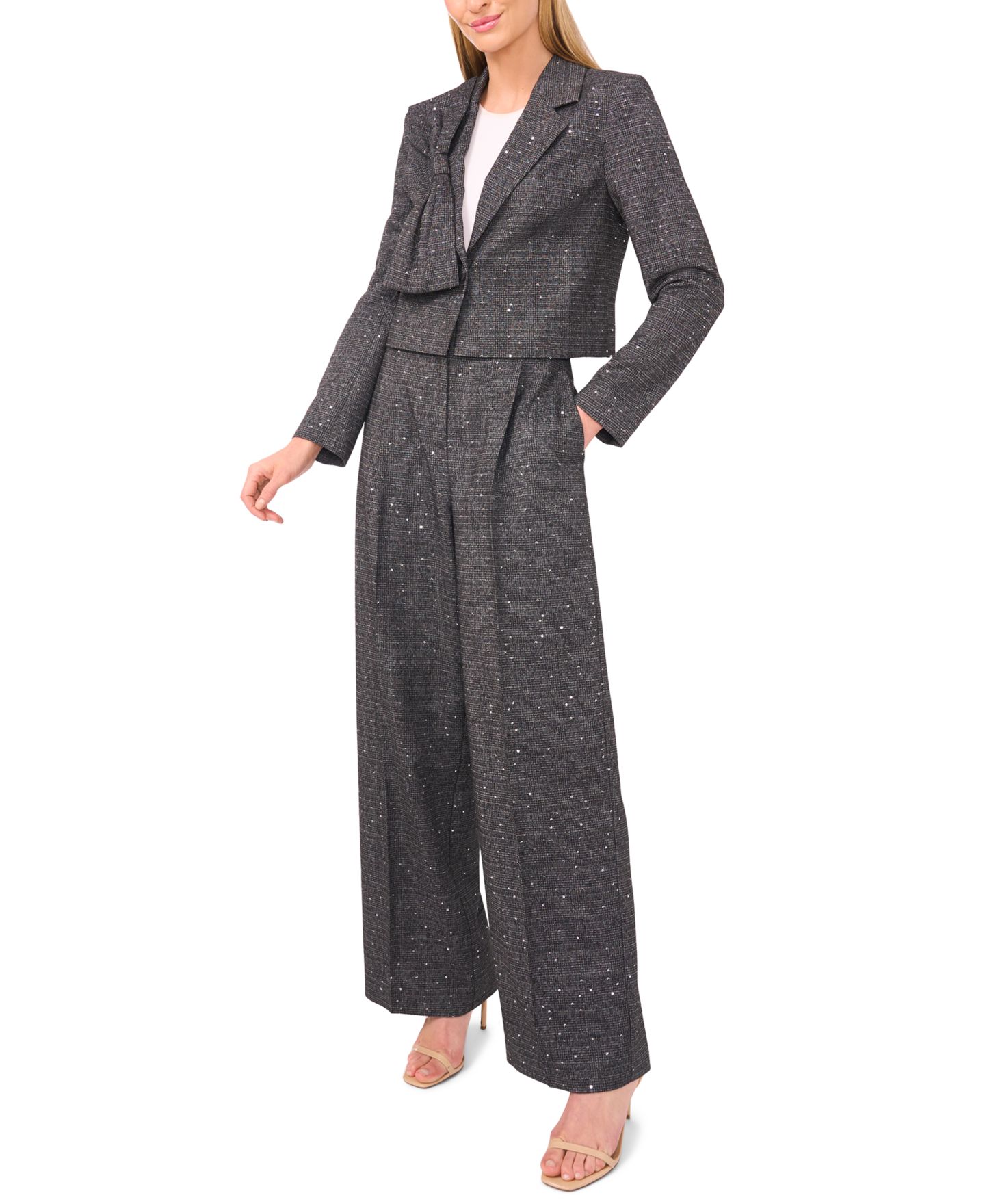 Женский пиджак CeCe Cropped Long Sleeve Lapel Bow Blazer, цвет: Насыщенный чёрный — фото 4