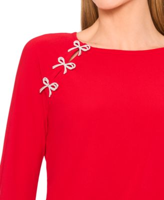 Women's Imitation Pearl Bow Long-Sleeve Knit Top