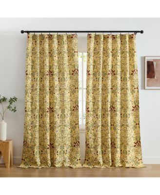 Florence Floral & Birds Patterned Window Back Tab Rod Pocket Curtains Bedroom - Light Blocking Darkening Window Panels, Set of 2