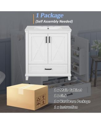 30" Bathroom Vanity with Sink, Solid Wood Frame and MDF, 2 Soft-Close Doors, Drawer and Storage Shelves