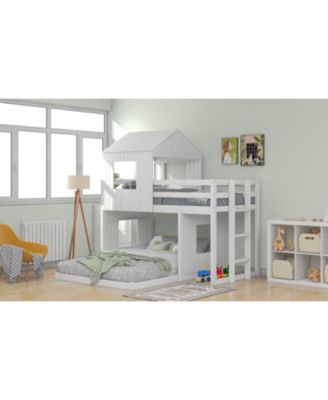 Wooden Twin Over Full Bunk Bed with Playhouse