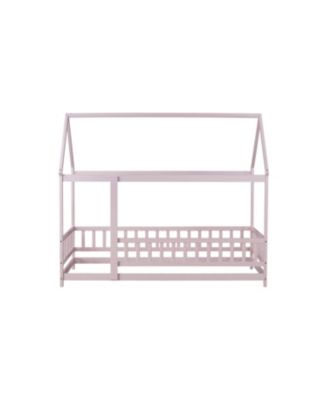 Twin Size House Floor Wooden Bed with Roof Frame Safety Guardrails Pink