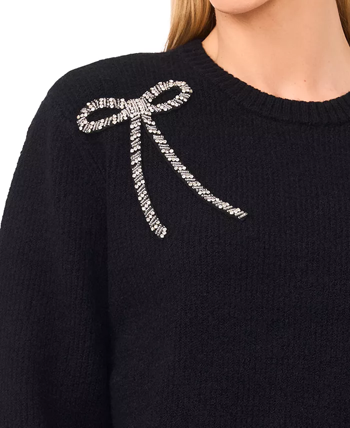 Women's Oversized Crewneck Bow Appliqu&eacute; Long-Sleeve Sweater - thumbnail 2