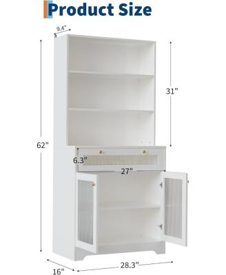 62" Freestanding Kitchen Pantry Cabinet with Glass Doors, Drawer, Countertop and Adjustable Shelves