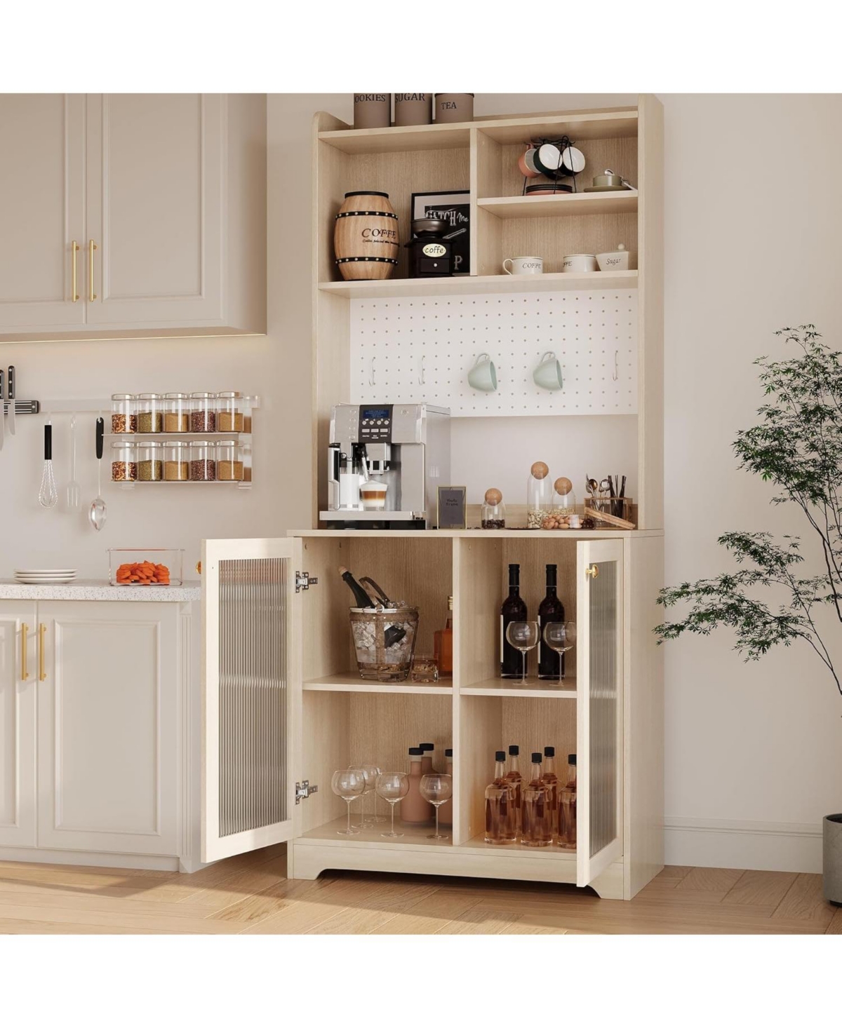 gaomon 71" Kitchen Pantry Cabinet, Wooden Tall Sideboard Buffet Cabinet with Microwave Stand, Pegboard and Hutch, Pantry Storage Organizers Coffee Bar