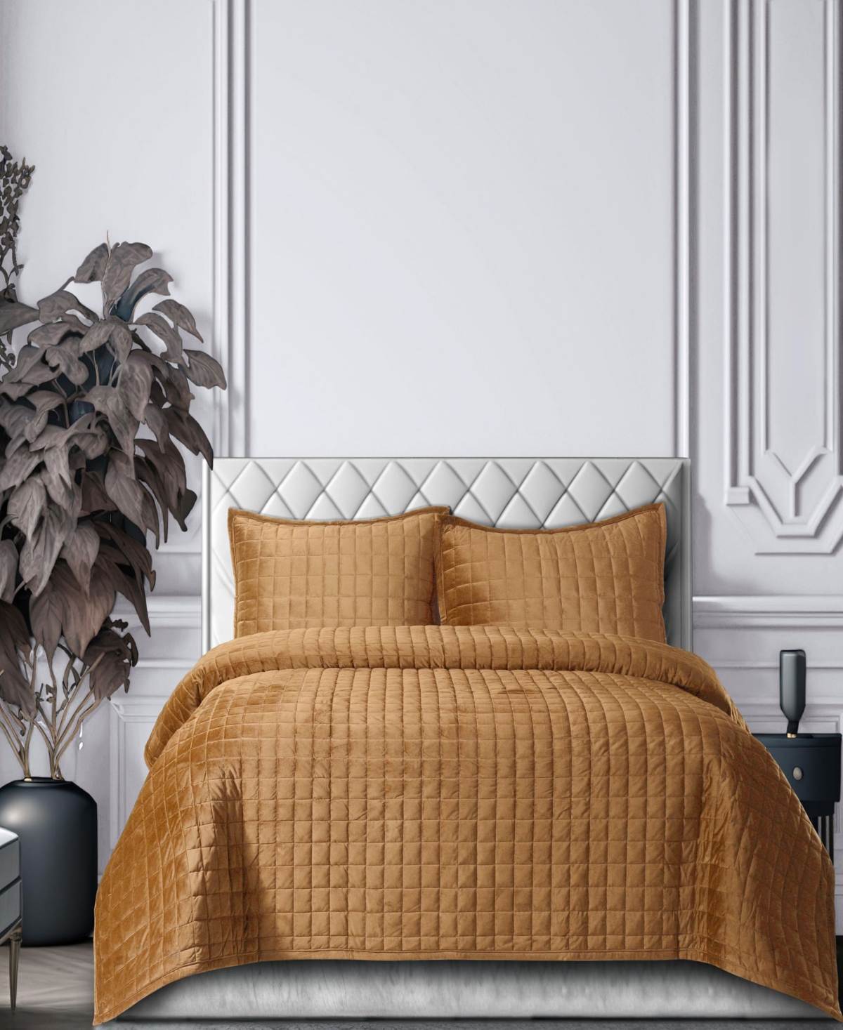 Tribeca Living Florence Velvet Solid Oversized Quilt Set, Queen In Brown