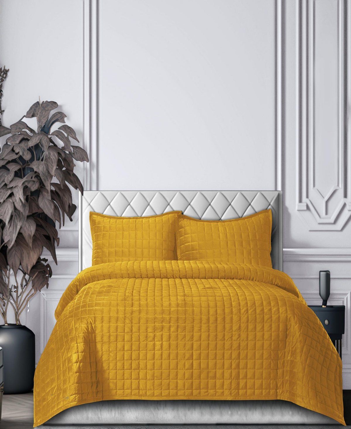 Tribeca Living Florence Velvet Solid Oversized Quilt Set, King In Gold