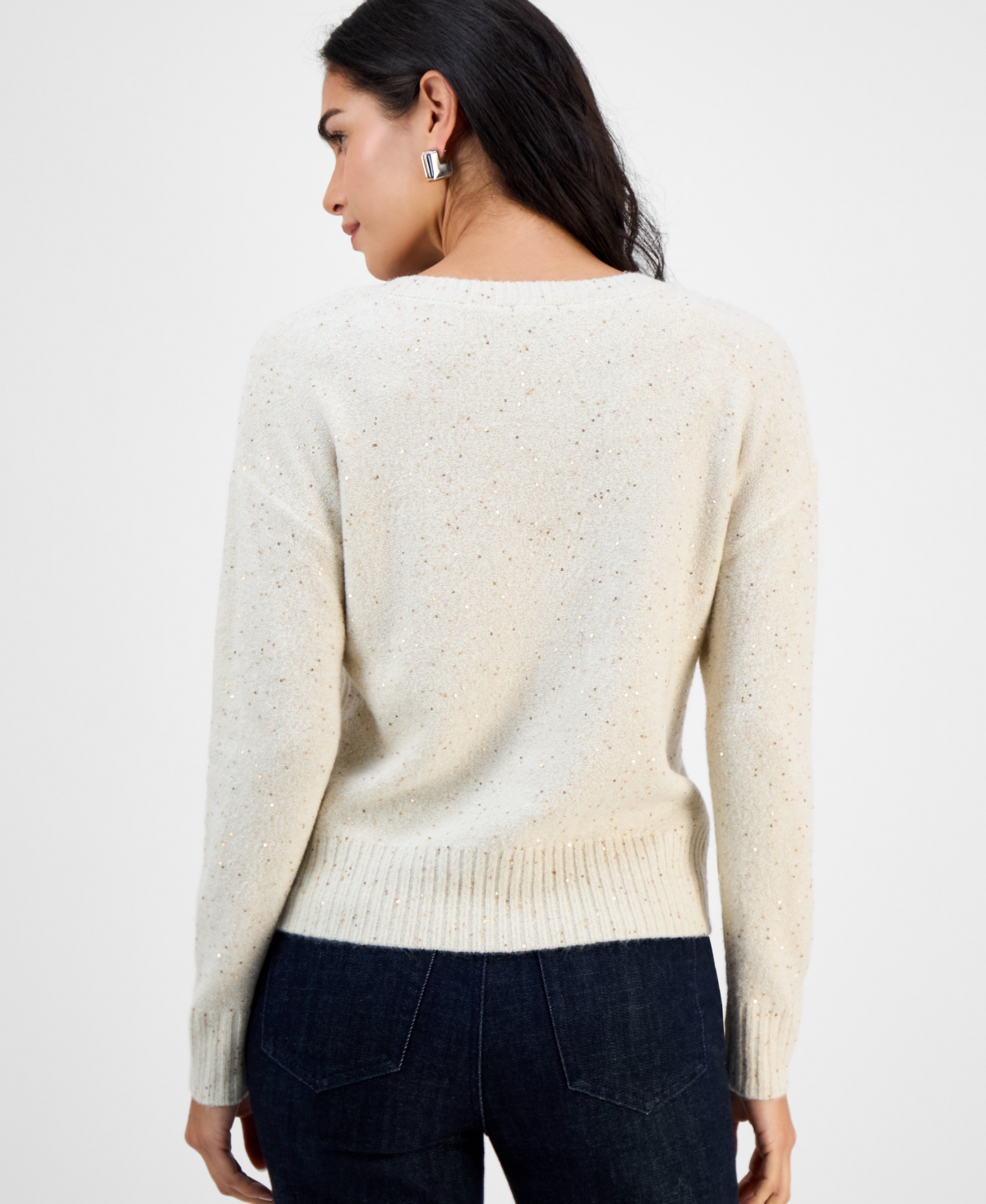 Inc International Concepts Petite Roving Sequin V-neck Sweater, Macy's Exclusive In Neutral