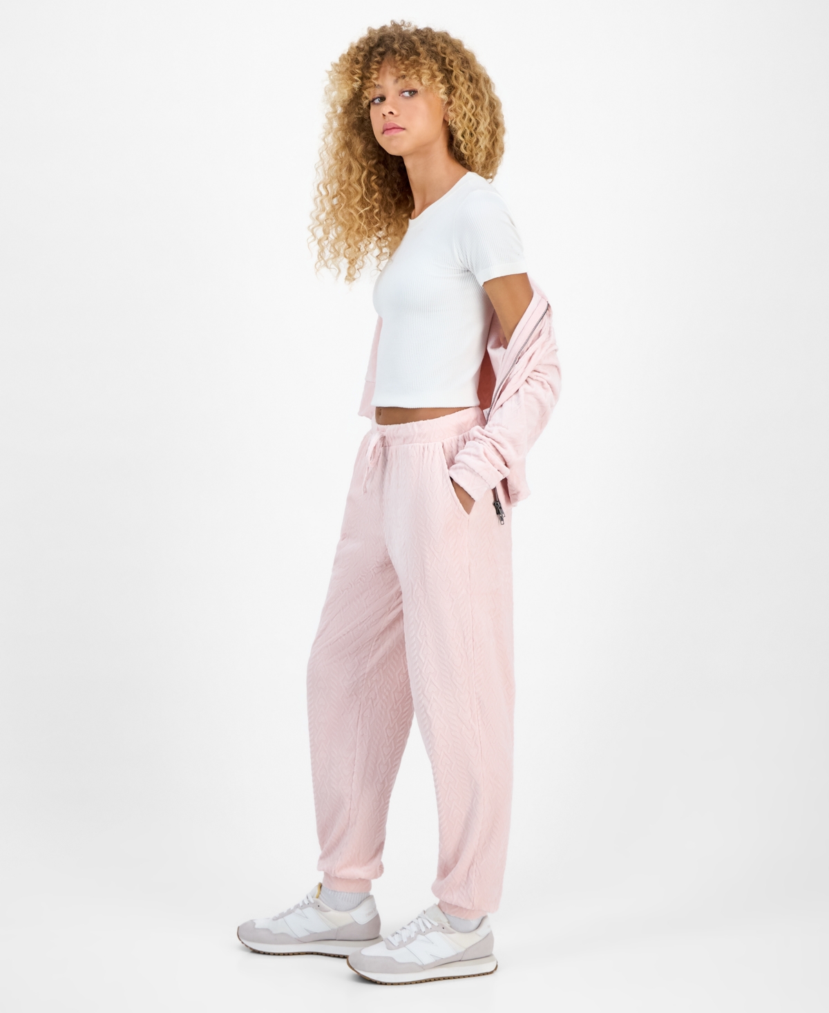 Hippie Rose Juniors' Cable Knit Heart Velour Jogger Pants In Pink