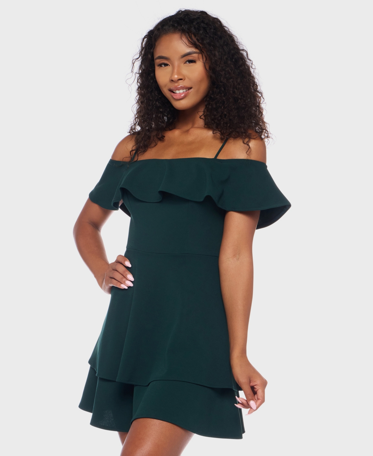 B Darlin Juniors' Ruffled Off-the-shoulder Dress In Green