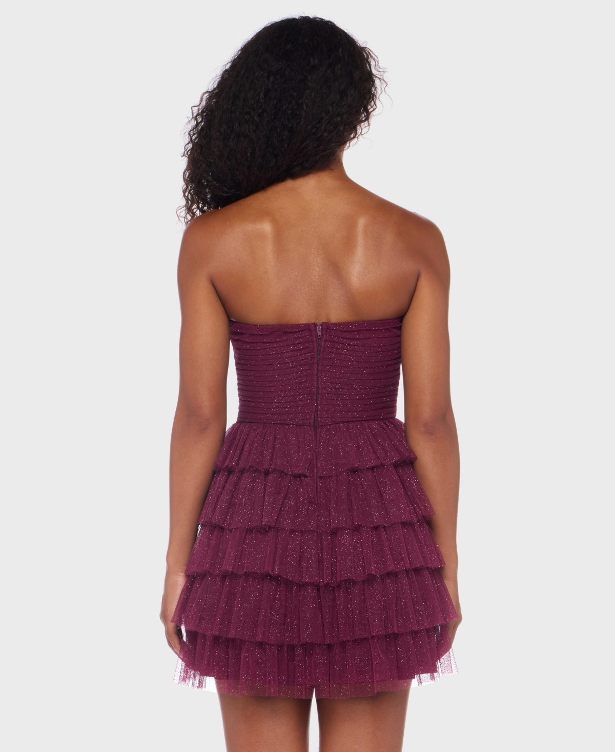 B Darlin Juniors' Strapless Side-shirred Tiered Glitter Mini Dress In Burgundy
