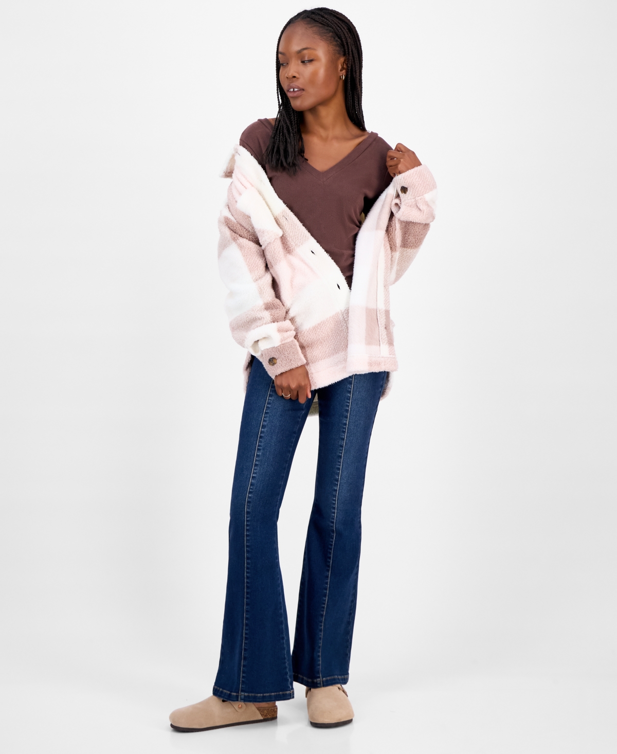 Madden Girl Juniors' Double V-Neck Ruched Long-Sleeve Tee