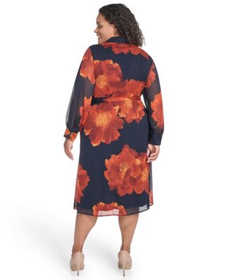 Plus Size Long-Sleeve Printed Midi Dress