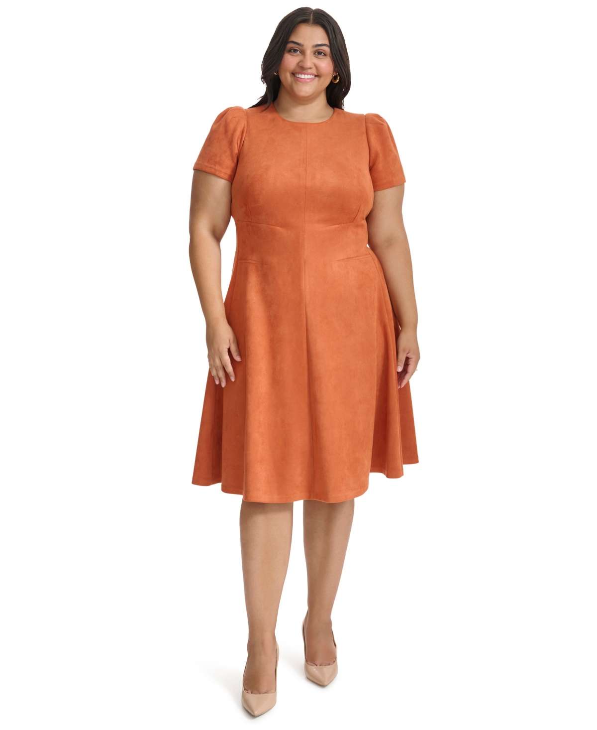 Calvin Klein Plus Size Short Sleeve Fit And Flare Dress In Brown