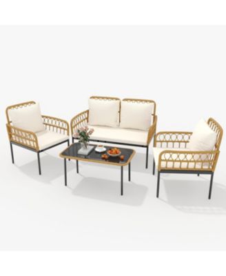 4 Pieces Patio Furniture Sets Wicker Outdoor Patio Table and Chairs Set with Glass Side Table, Loveseat Chairs, Boho Rattan Conversation Sets for Bistro, Apartment, Backyard, Porch, Beige