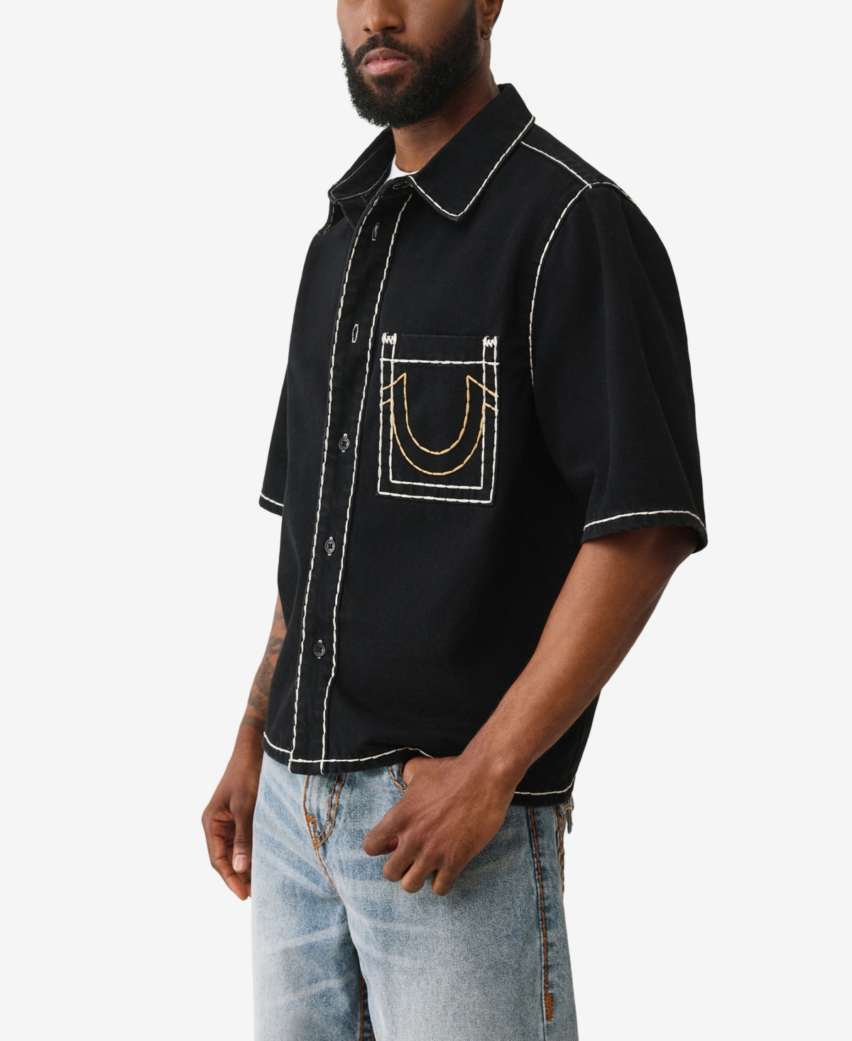 True Religion Men's Super T Oversized Denim Short Sleeve Shirt
