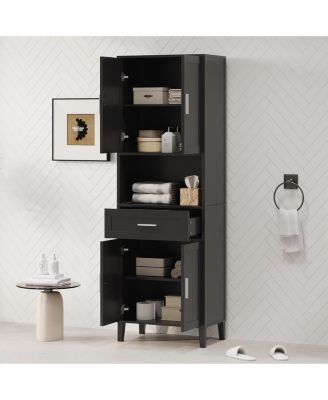 CASAINC 70.9-Inch Tall Freestanding Bathroom Storage Cabinet with Drawer, 4 Soft-Close Doors, Adjustable Shelves & Open Storage