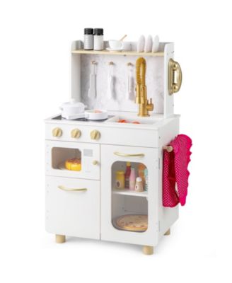 Kids Kitchen Set Pretend Play Kitchen with Stoves Faucet Sink Telephone Microwave and Oven-White