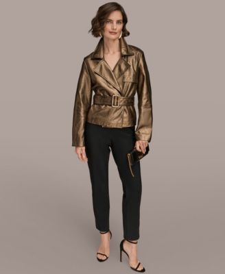 Women's Front Zip Metallic Leather Jacket