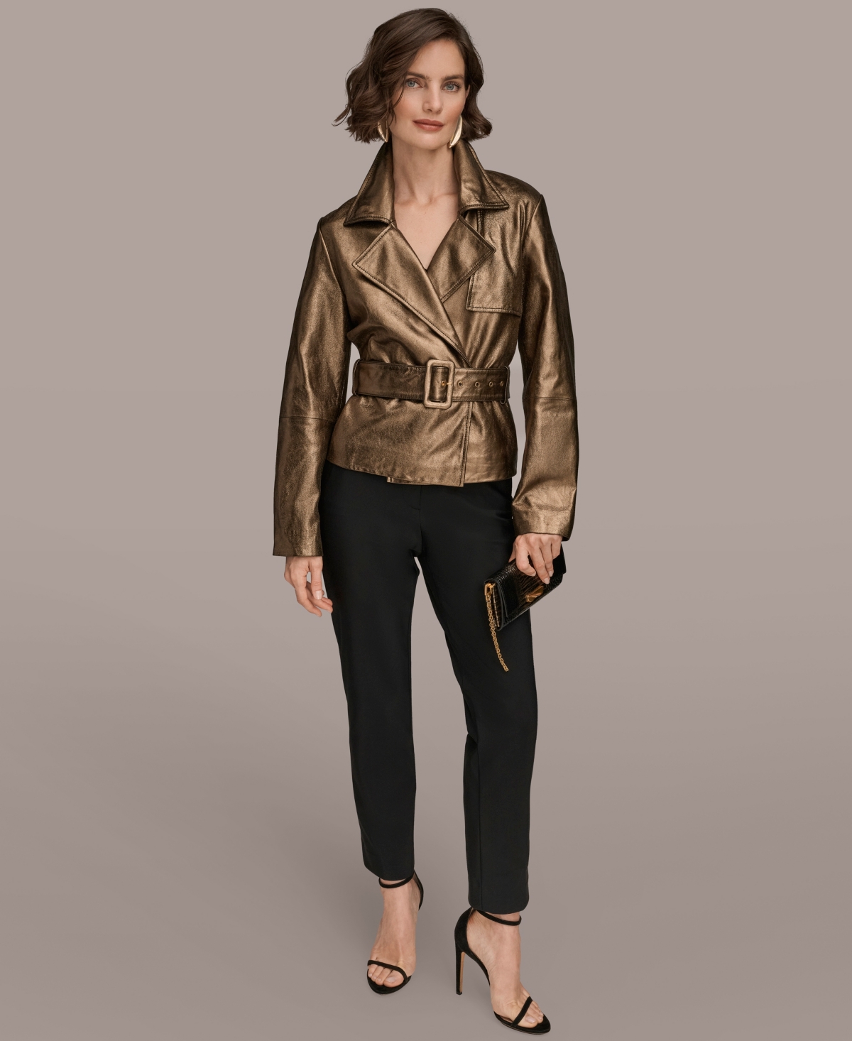 Donna Karan New York Metallic Leather Belted Jacket In Green
