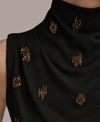 Women's Sleeveless Metallic Beaded Mock Neck Top