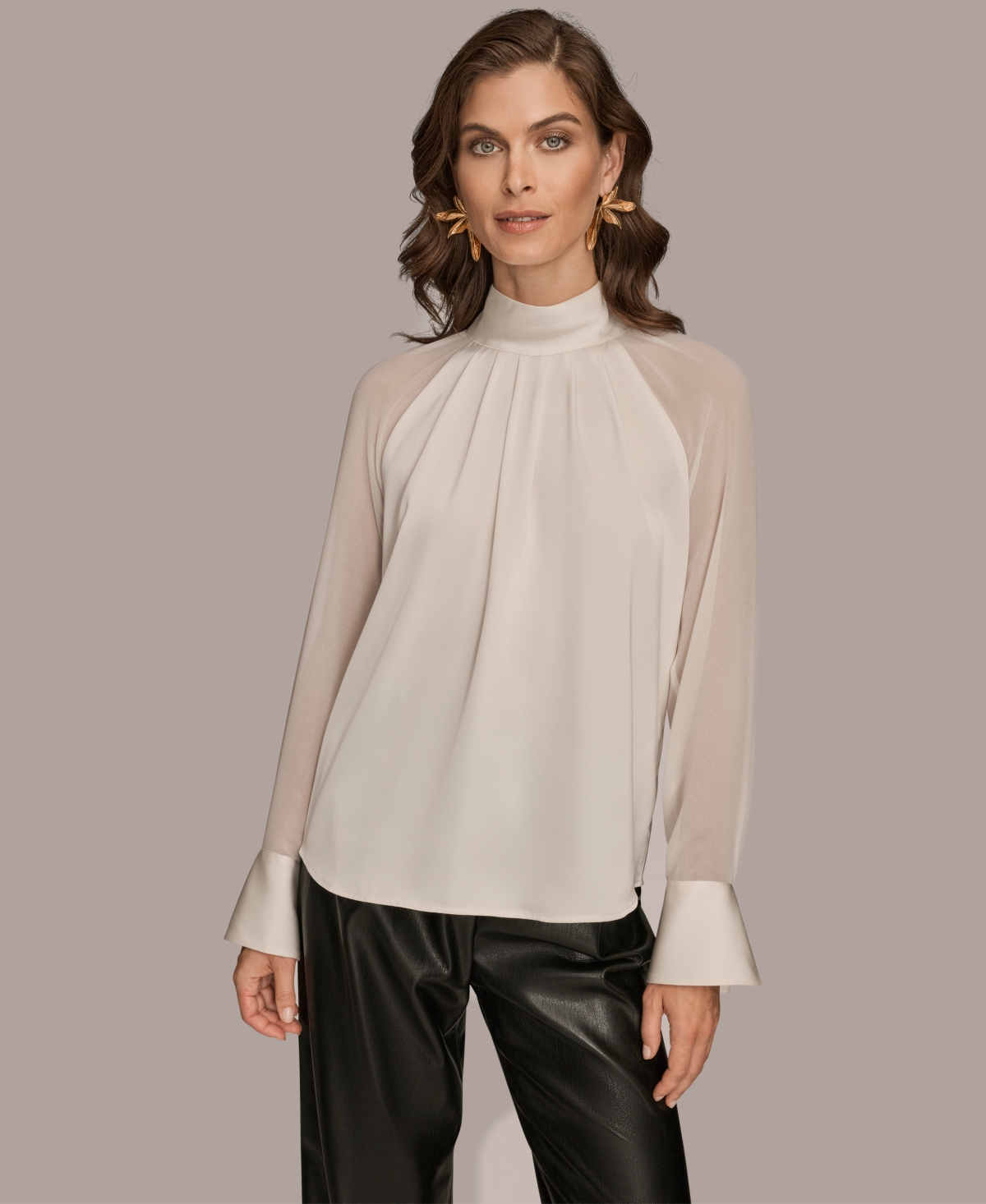 Donna Karan New York Pleated Sheer Sleeve Top In White