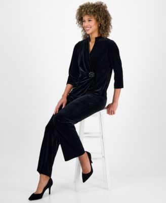 Kasper Womens Velvet Embellished Top Pull On Wide Leg Pants In Black