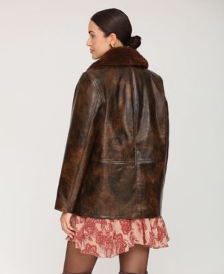 Women's Leather Contrast Collar Coat