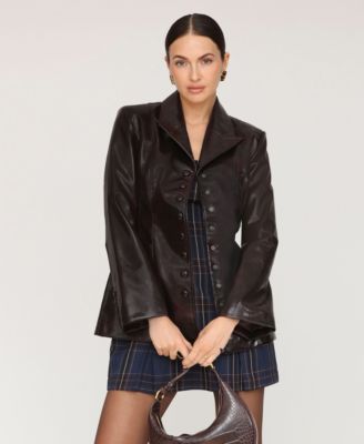 Women's Faux Leather Notch Collar Flared Jacket