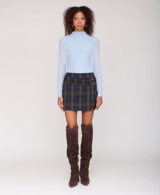 Women's Plaid Mid Rise Belted Mini Skirt