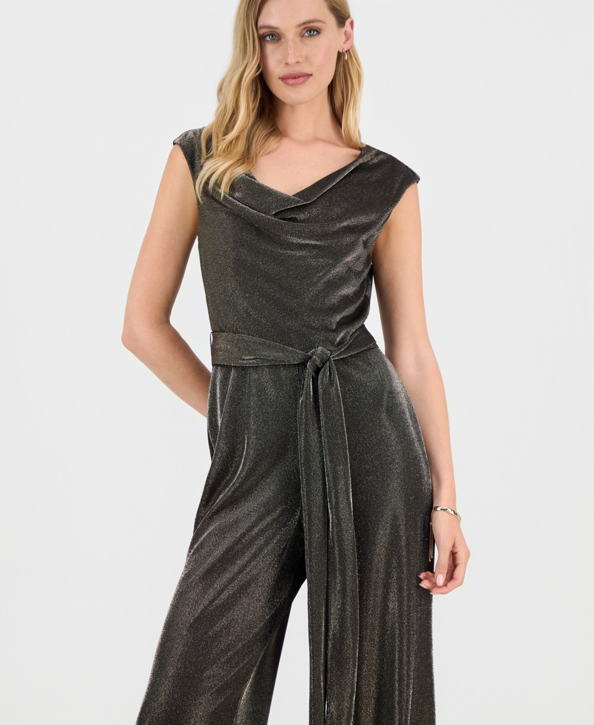 Connected Women's Metallic Cowl-neck Jumpsuit In Gold