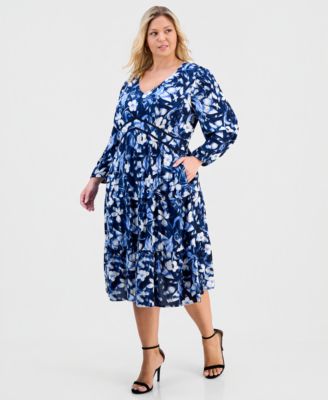 Plus Size Printed V-Neck Waist-Trim Dress