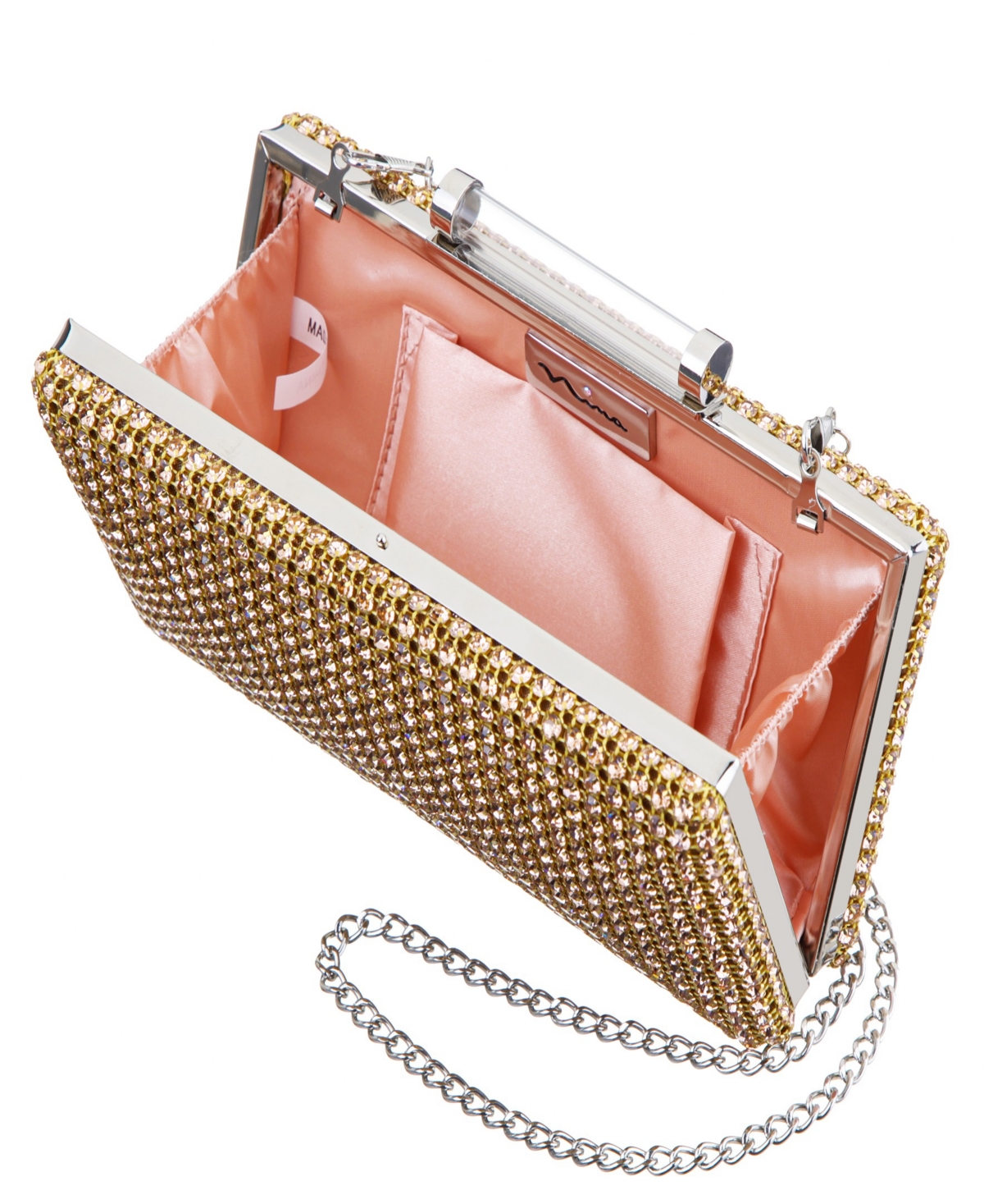 Nina Mini Crystal Encrusted Minaudiere Lift Lock Clutch In Brown