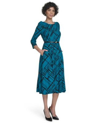 Women's Belted Plaid Midi Dress
