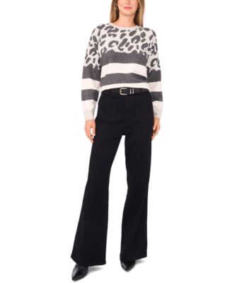 Women's Cozy Crewneck Animal-Print Stripe Long-Sleeve Sweater